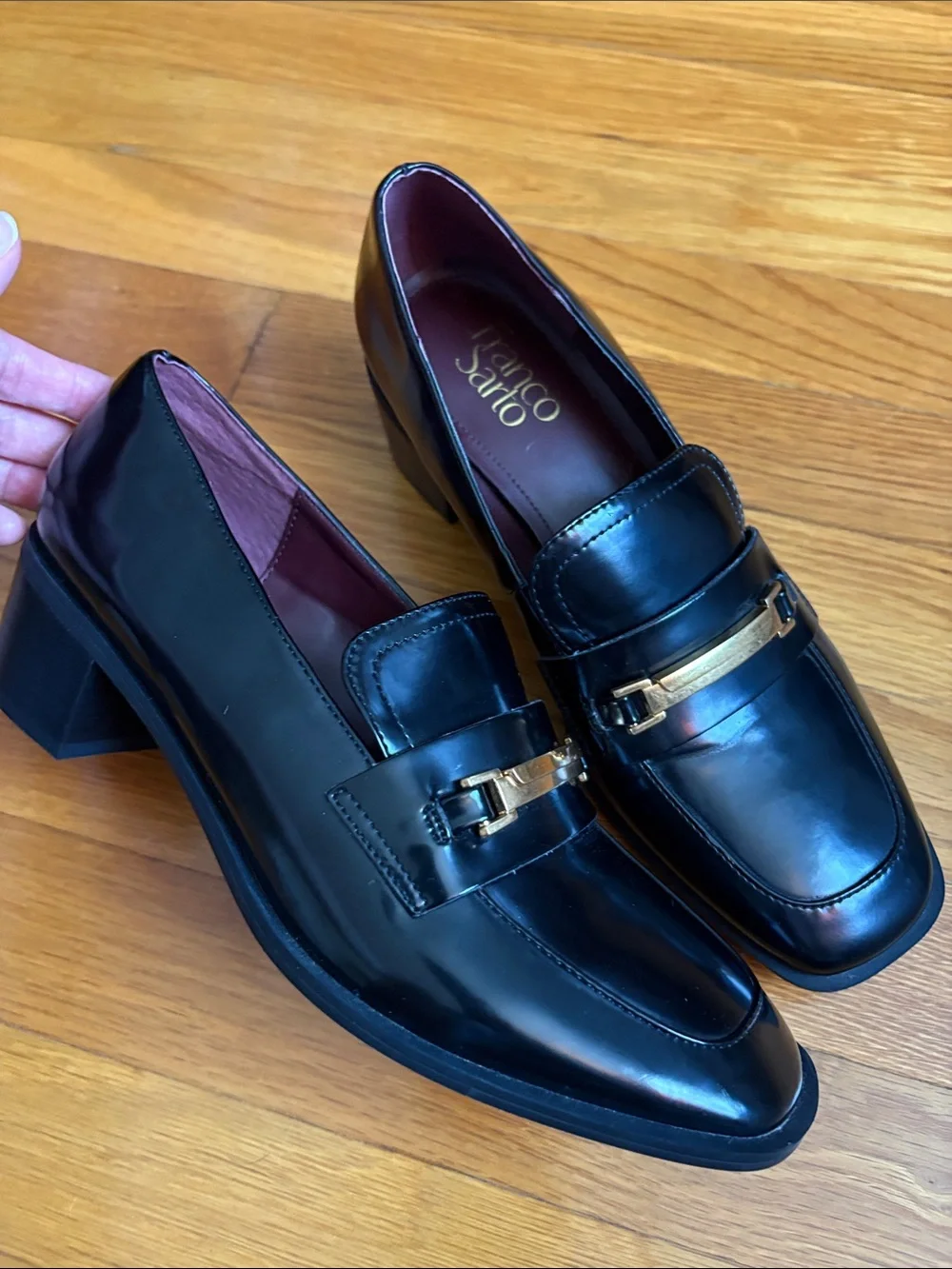 Franco Sarto Black Patent Leather Loafers with Gold Bit